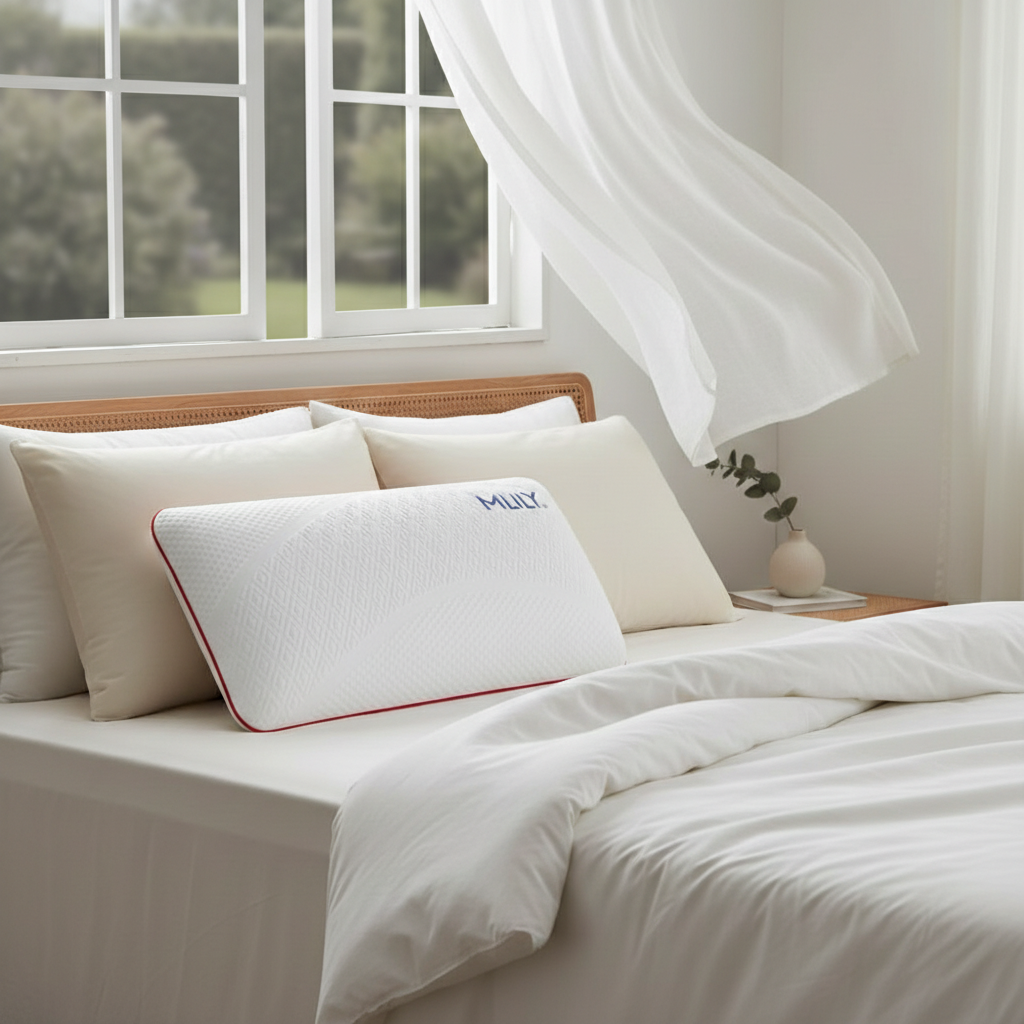 Almohada sobre la cama con ventana abierta